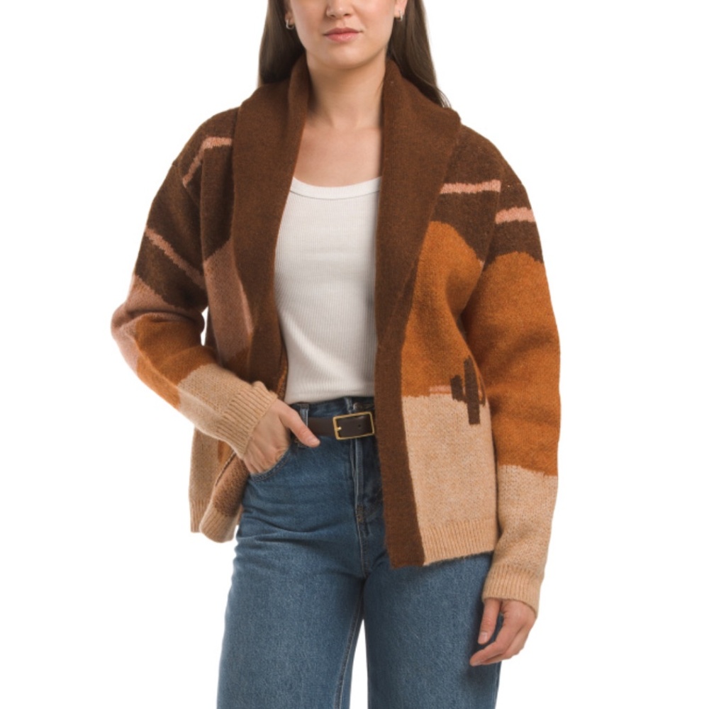 Lucky Brand Brown Tan Rust Horse Graphic Cardigan Sweater - Picture 2 of 2